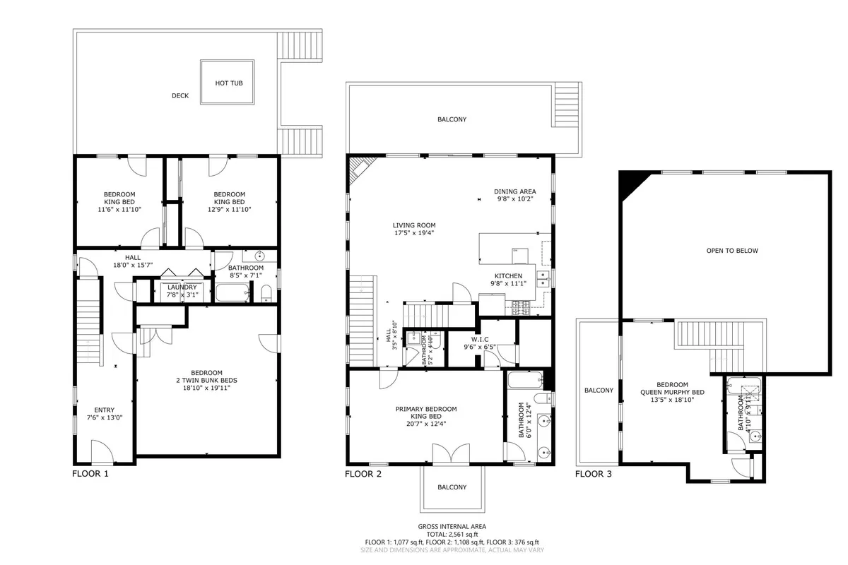 This image captures a spacious living area with an open kitchen, dining area, and access to outdoor balconies, including a visible hot tub. The scene conveys a seamless blend of indoor comfort and outdoor enjoyment, highlighting areas suitable for social gatherings, relaxing evenings, and planning excursions. The presence of the hot tub and balconies suggests opportunities to unwind after adventures, and the living space feels inviting for groups and families.